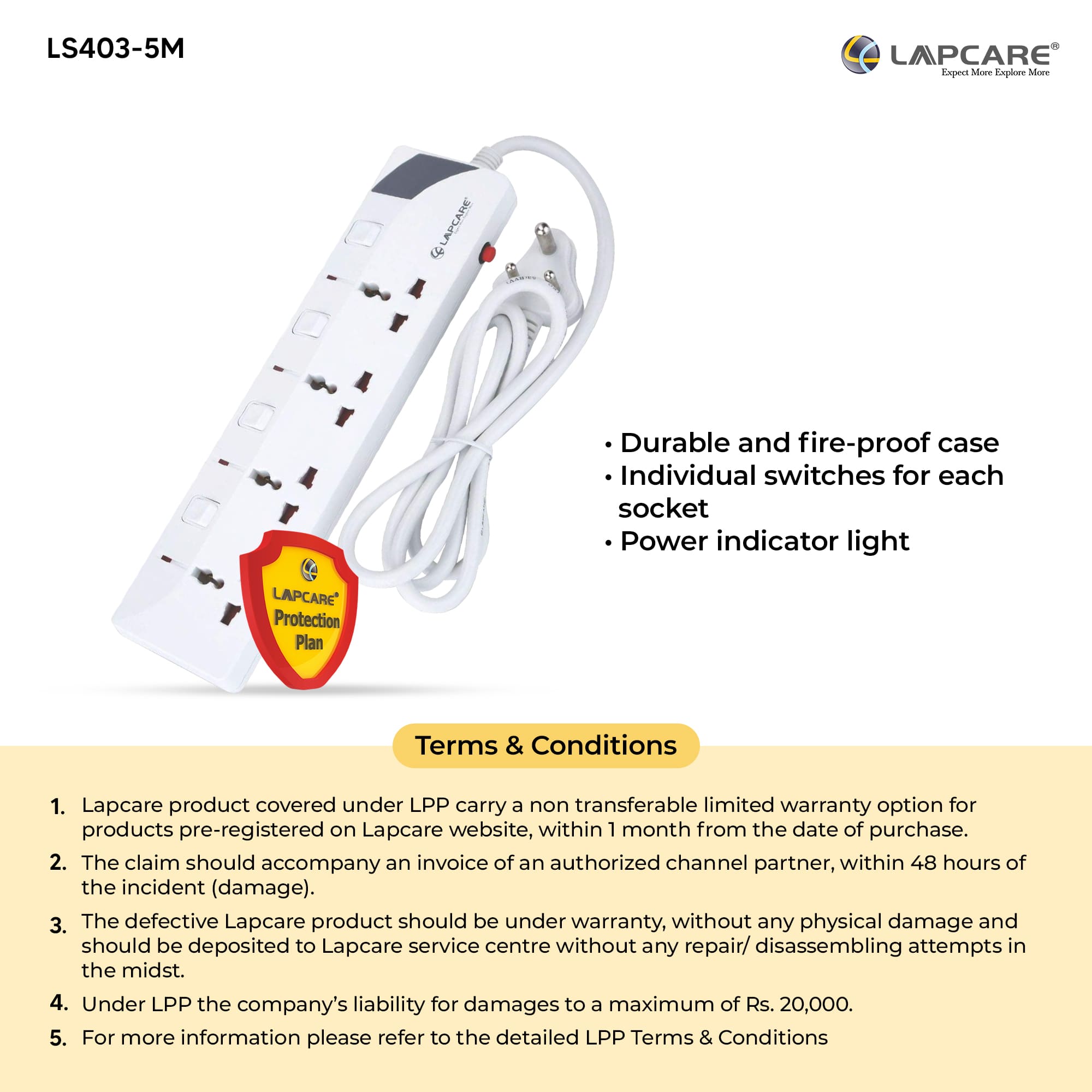 4 way extension board with spike buster 5Mtr cable (LS- 403)