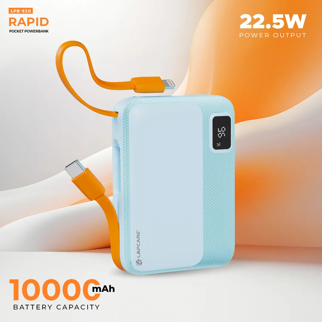 Rapid 10000mAh Pocket Power Bank With 22.5W charging & In-Built Cables- Blue (LPB-620)