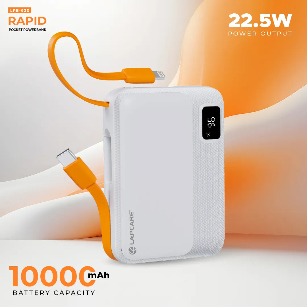 Rapid 10000mAh Pocket Power Bank With 22.5W charging & In-Built Cables- White (LPB-620)