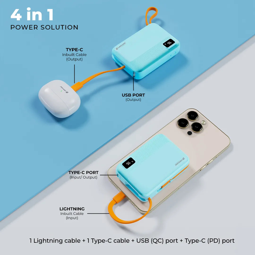 Rapid 10000mAh Pocket Power Bank With 22.5W charging & In-Built Cables- Blue (LPB-620)