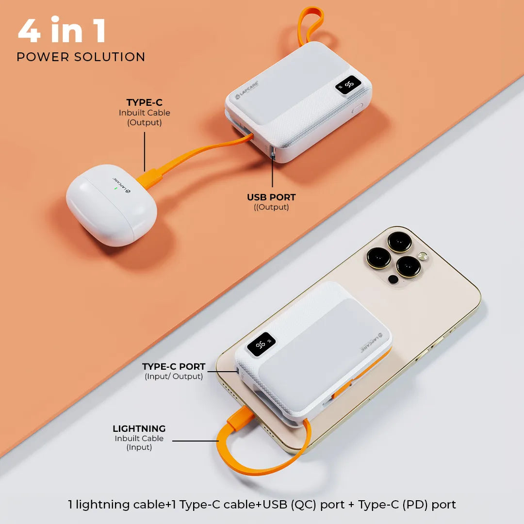 Rapid 10000mAh Pocket Power Bank With 22.5W charging & In-Built Cables- White (LPB-620)