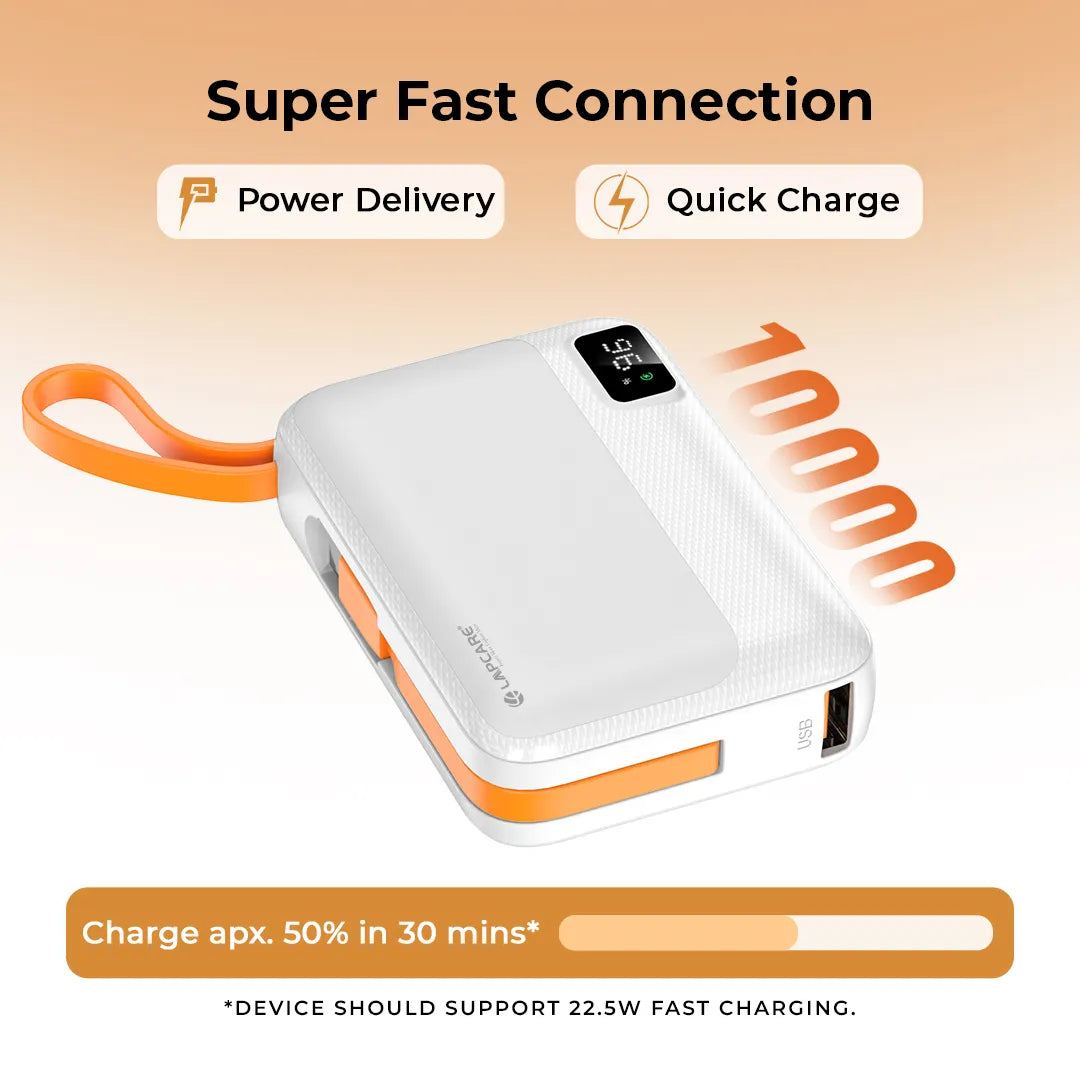 Rapid 10000mAh Pocket Power Bank With 22.5W charging & In-Built Cables- White (LPB-620)