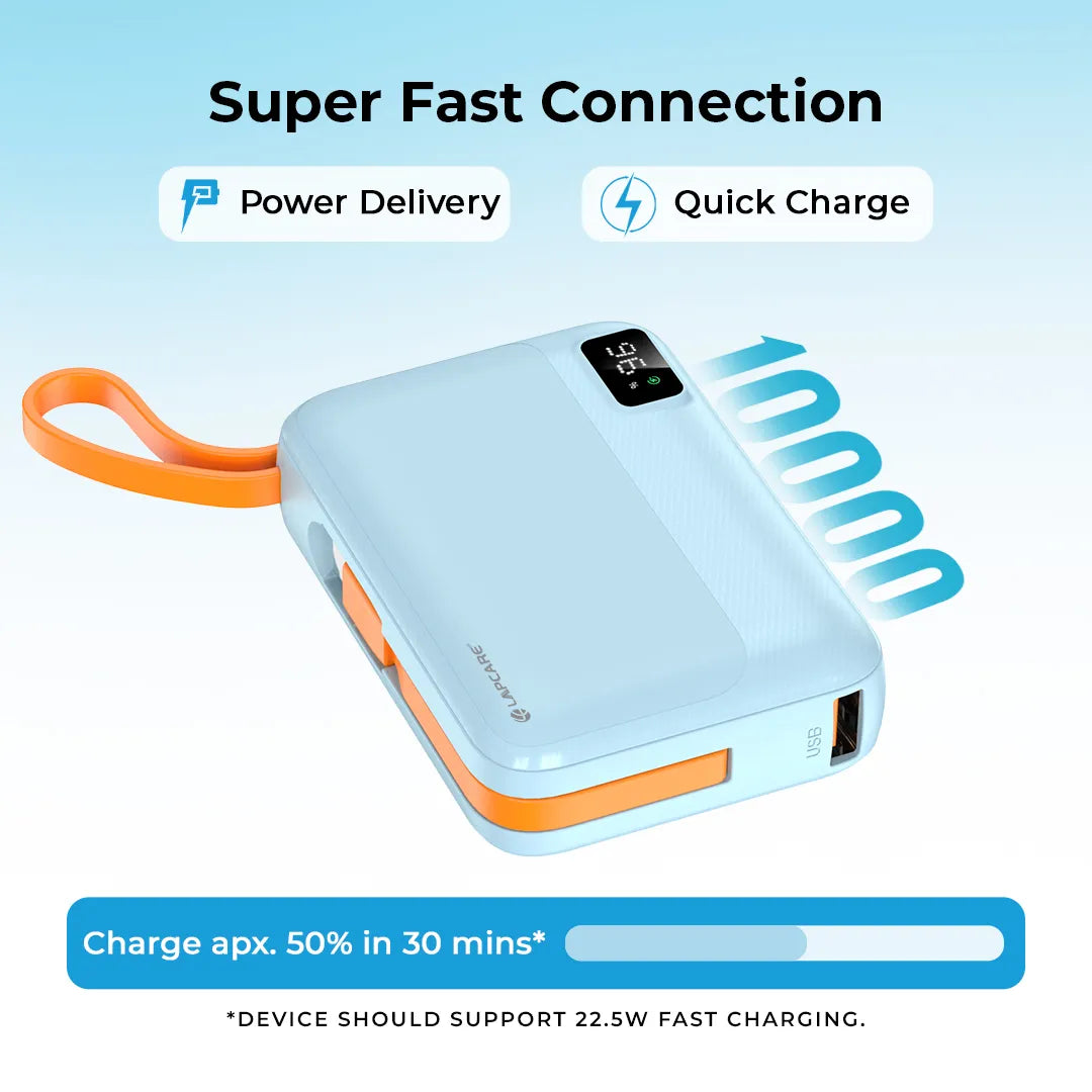 Rapid 10000mAh Pocket Power Bank With 22.5W charging & In-Built Cables- Blue (LPB-620)