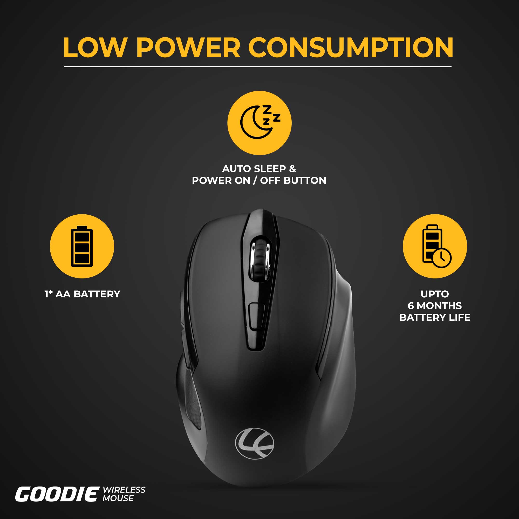 Goodie Wireless Mouse 6 button, 1600 dpi - Black