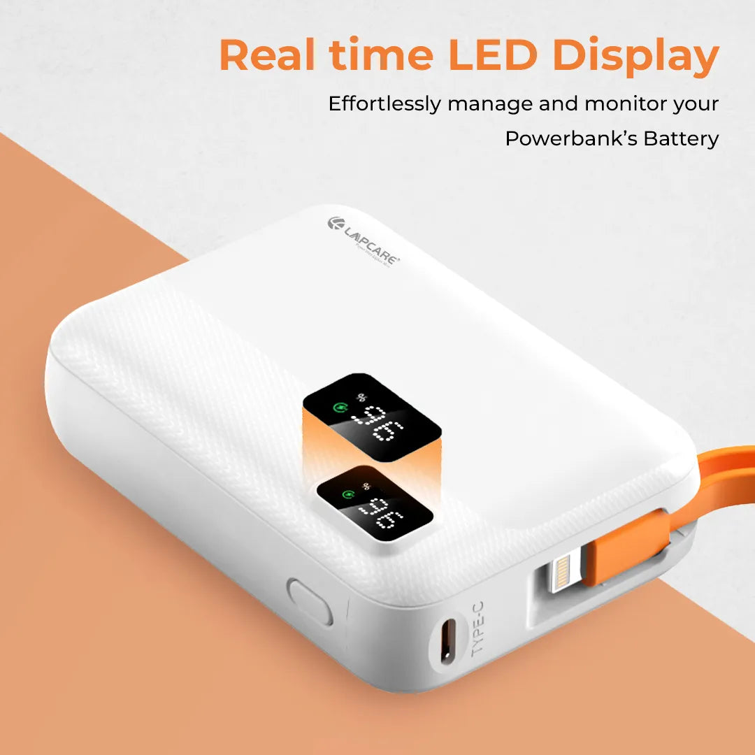 Rapid 10000mAh Pocket Power Bank With 22.5W charging & In-Built Cables- White (LPB-620)