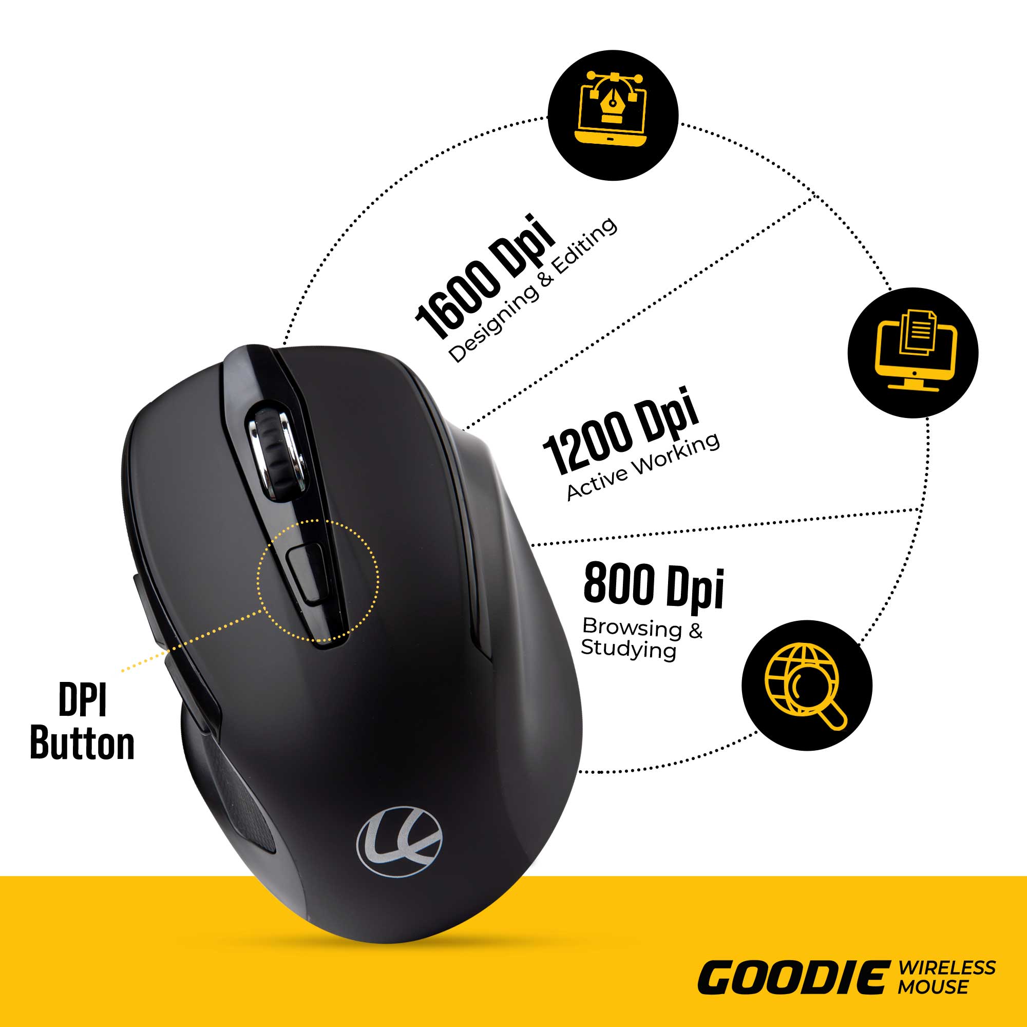 Goodie Wireless Mouse 6 button, 1600 dpi - Black