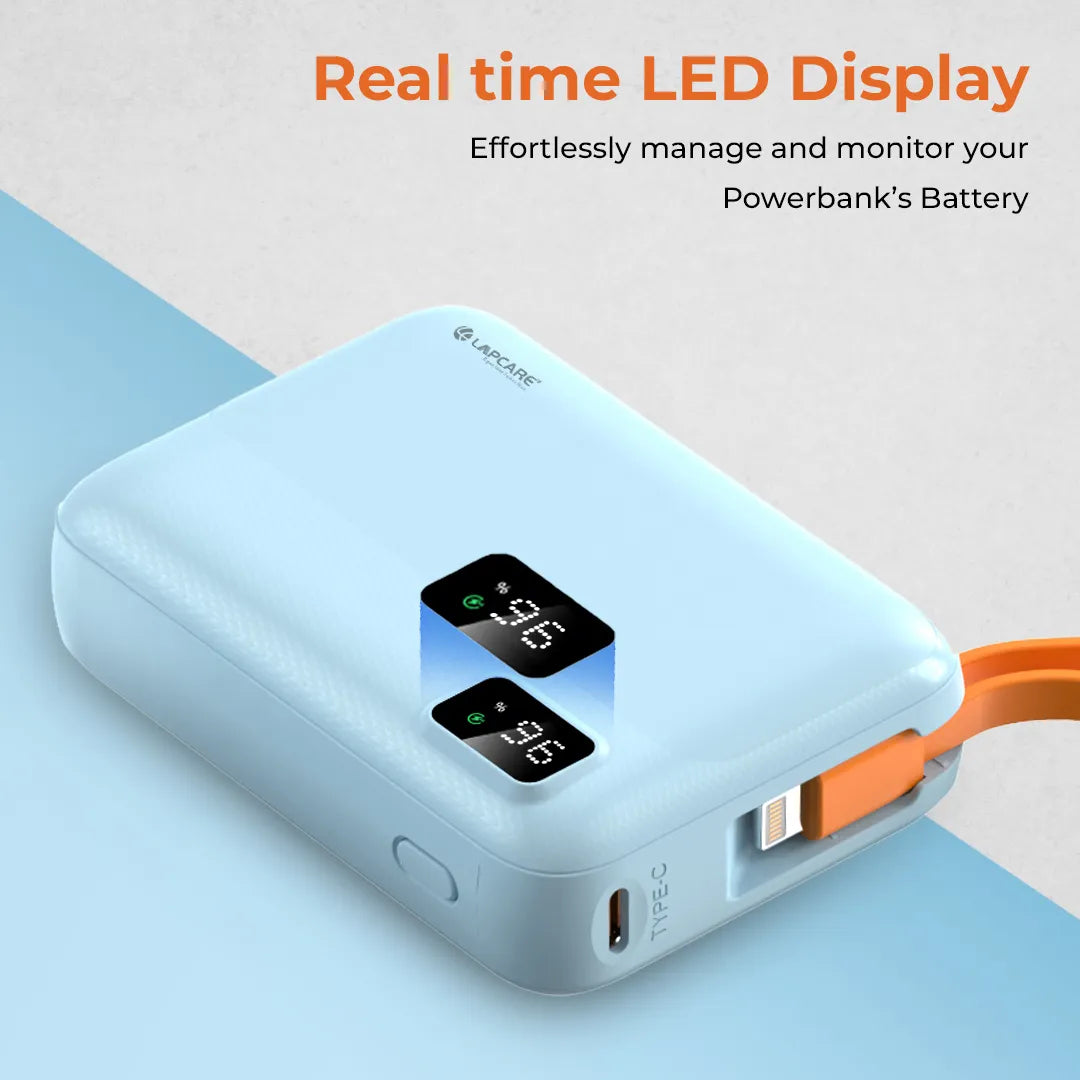 Rapid 10000mAh Pocket Power Bank With 22.5W charging & In-Built Cables- Blue (LPB-620)