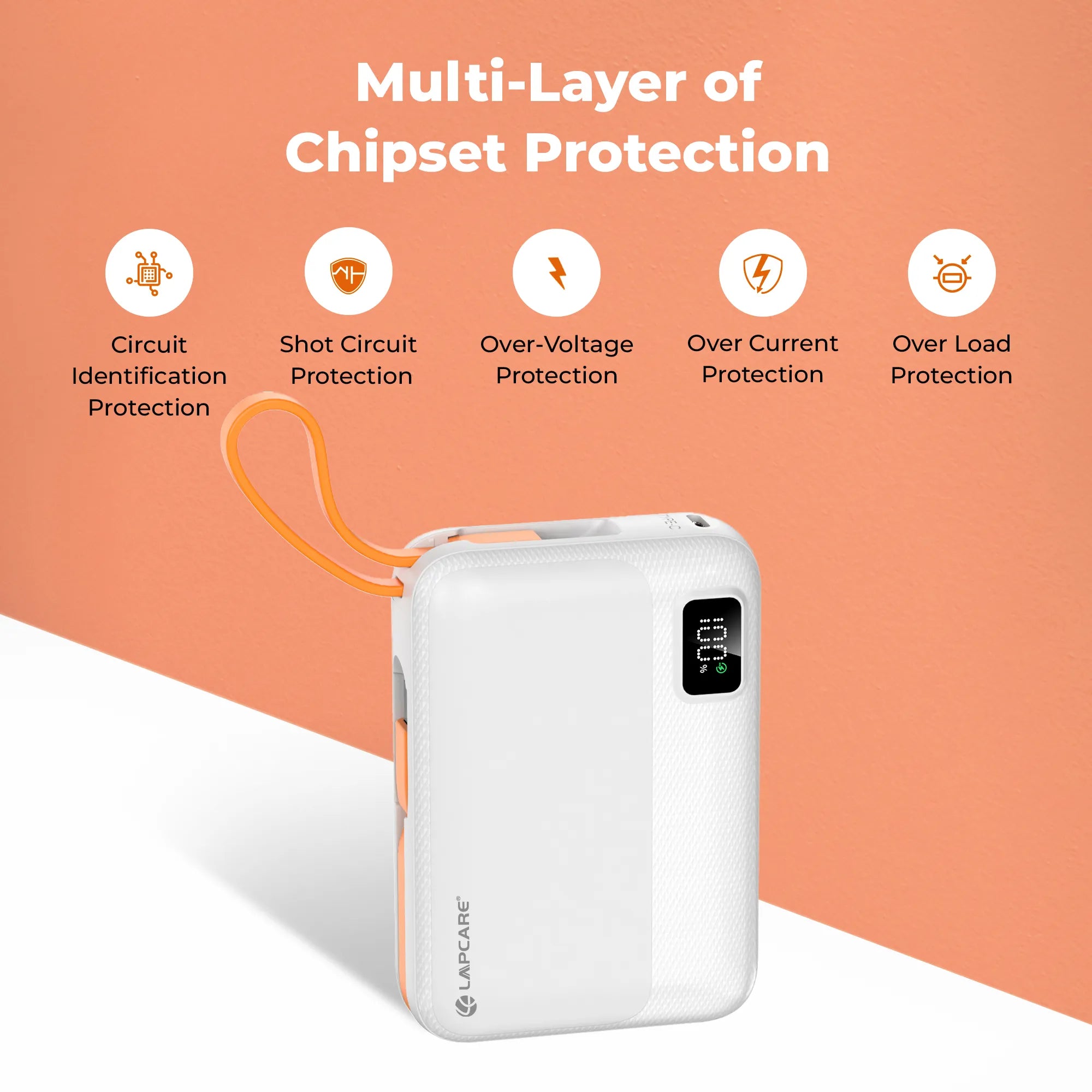 Rapid 10000mAh Pocket Power Bank With 22.5W charging & In-Built Cables- White (LPB-620)