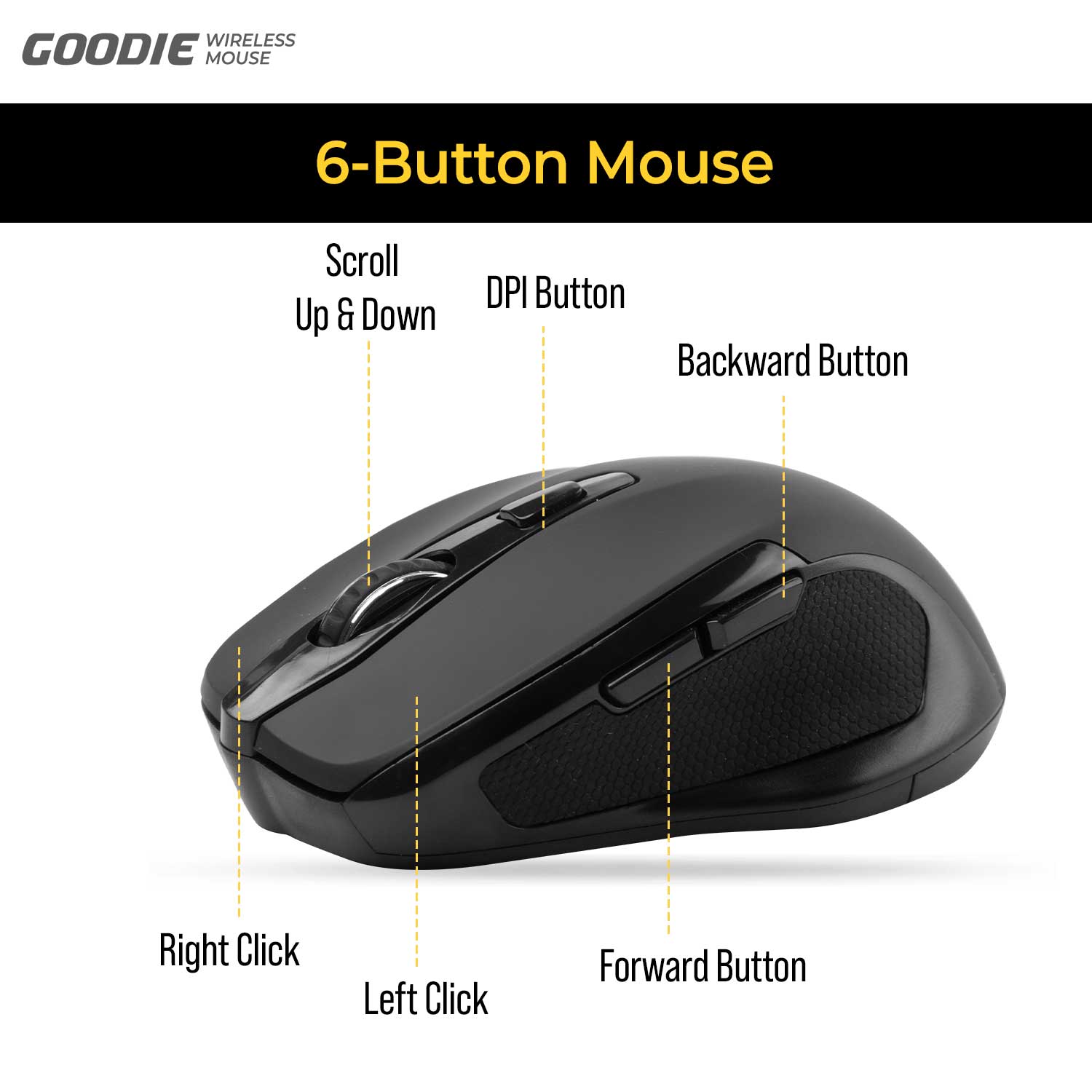 Goodie Wireless Mouse 6 button, 1600 dpi - Black