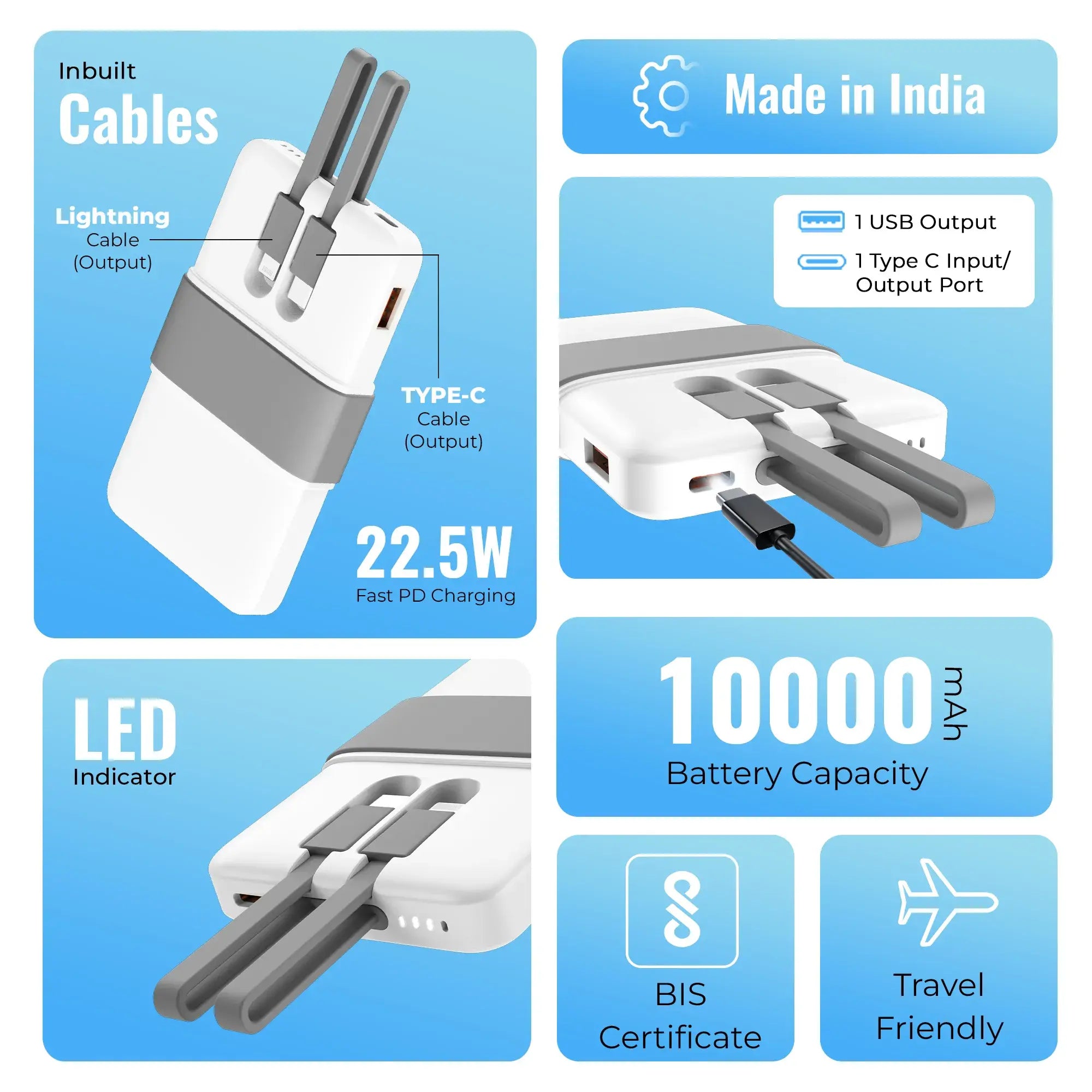 Volt 1 Pocket Power bank With 3 output, 1 USB A port, 1 type c cable,1 lighting cable - Grey(LBP-615)