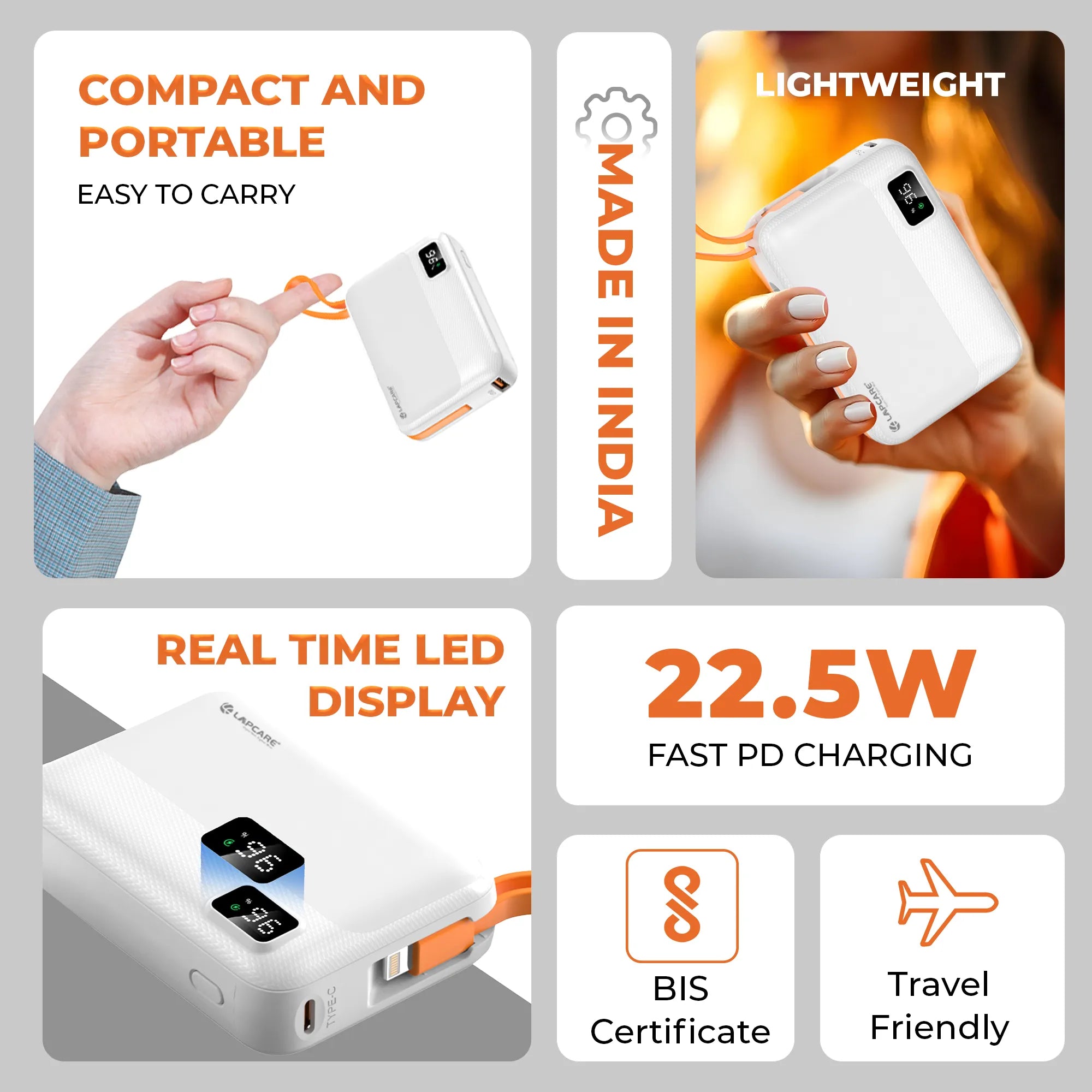 Rapid 10000mAh Pocket Power Bank With 22.5W charging & In-Built Cables- White (LPB-620)