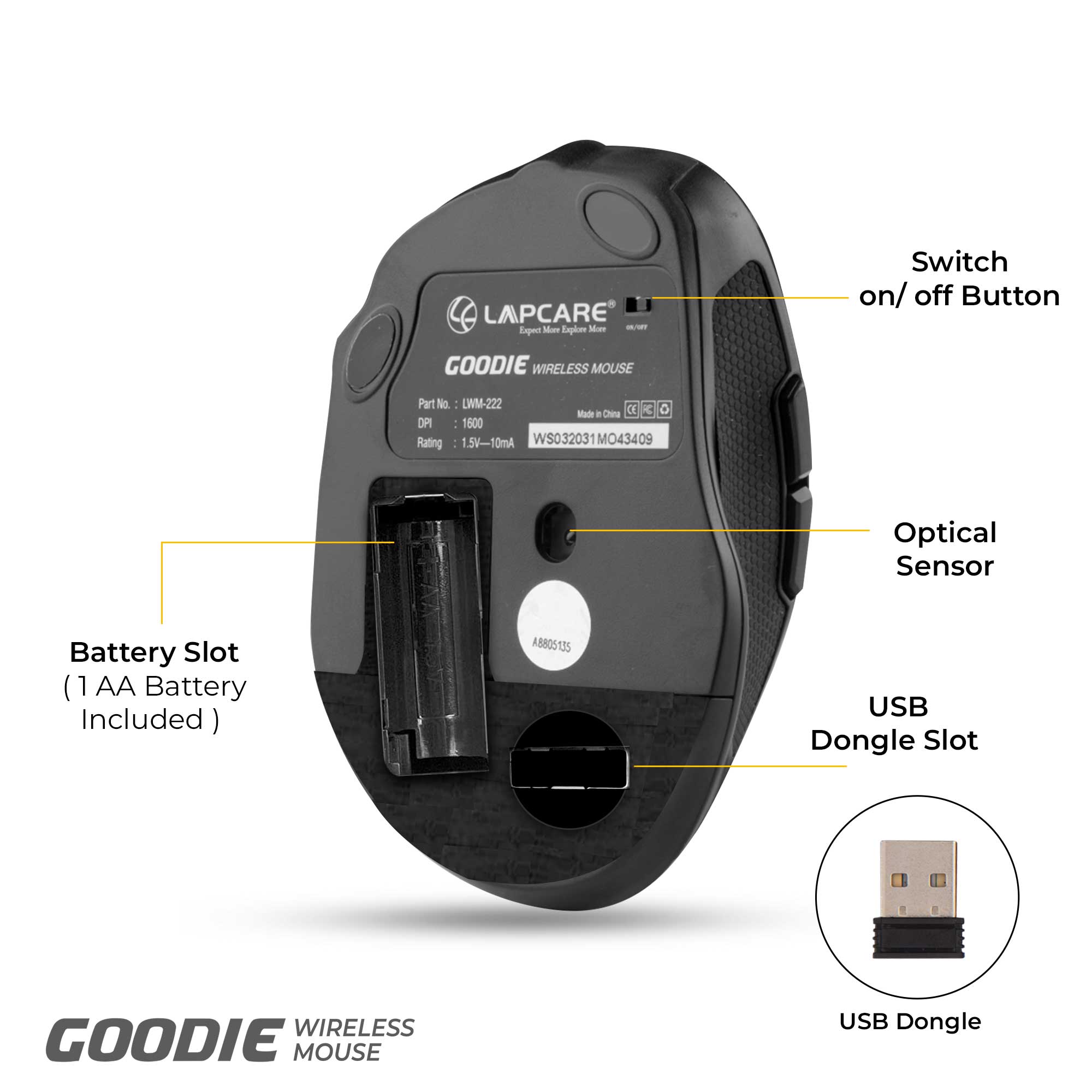 Goodie Wireless Mouse 6 button, 1600 dpi - Black