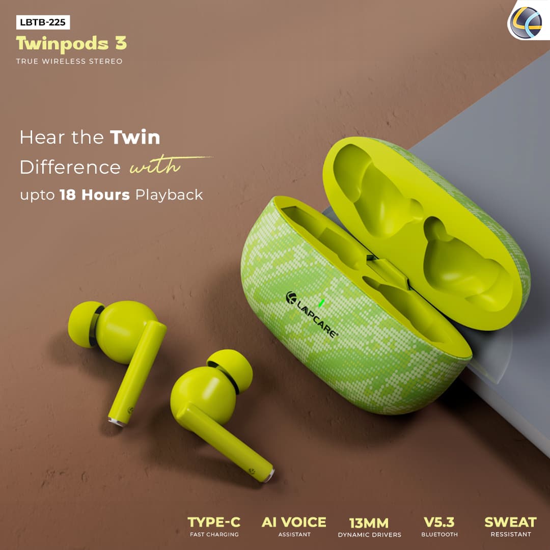 Twinpod 3 5.3V BT earbuds with 18 Hours Playtime - Green (LBTB-225)