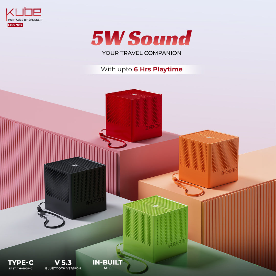 Kube 5W Portable BT 5.3V Speaker With In-Built Mic- Red (LBS-702)