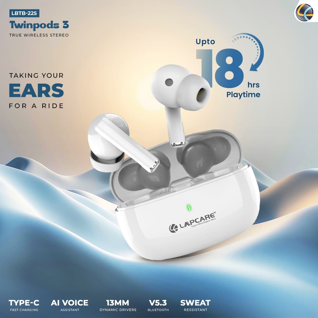 Twinpod 3 5.3V BT Earbuds upto 18 hours Playtime- White (LBTB-225)