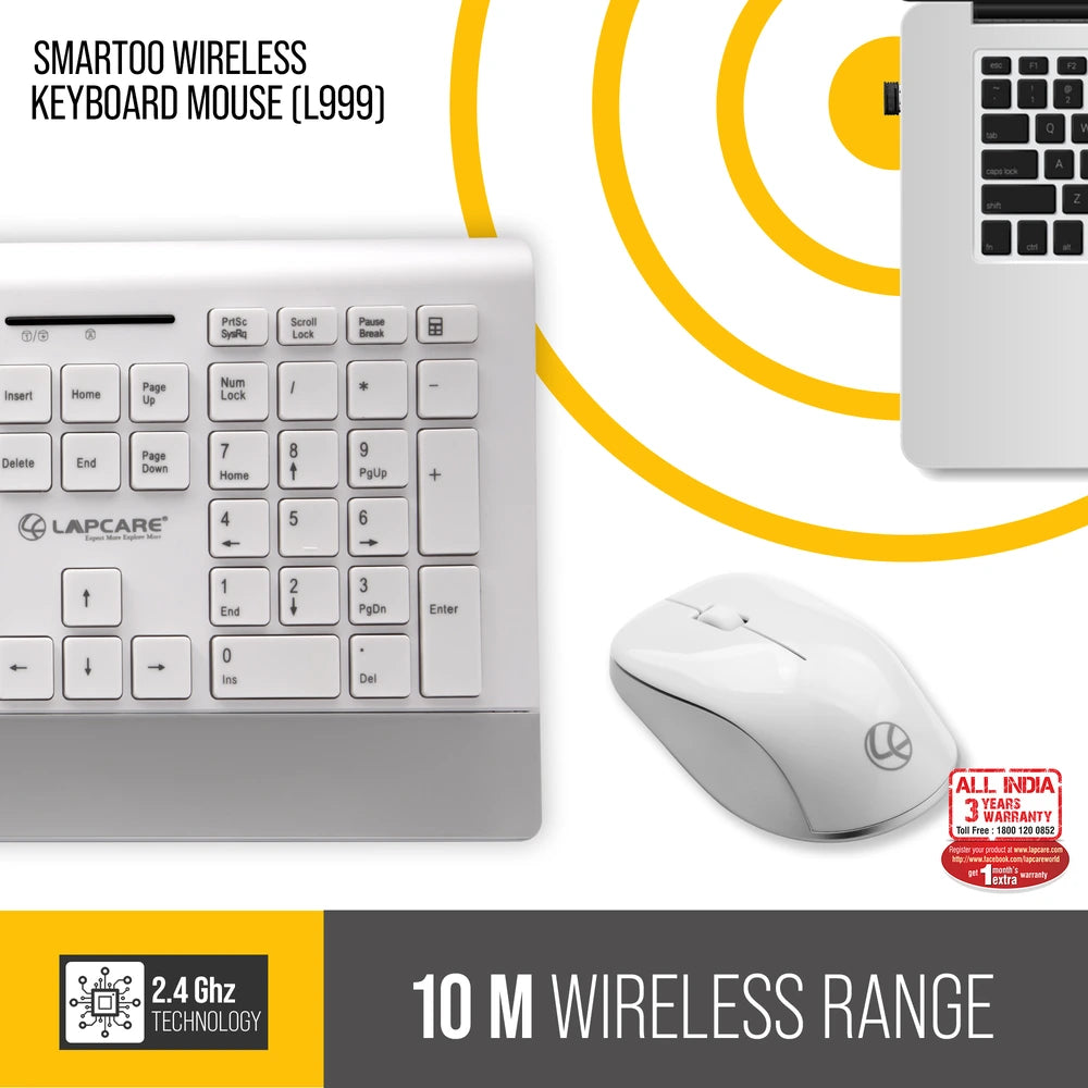 Smartoo White & Silver Wireless Multimedia Combo Keyboard + Mouse 1200dpi