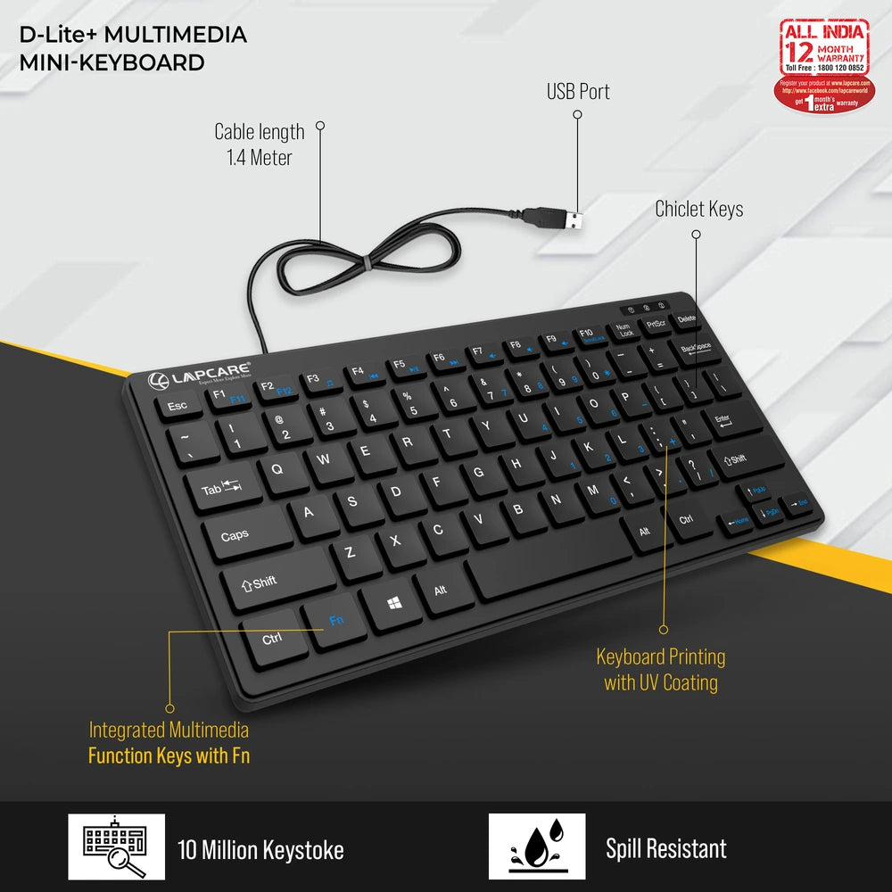 D-Lite - Black 87 Key Mini Multimedia Wired Keyboard