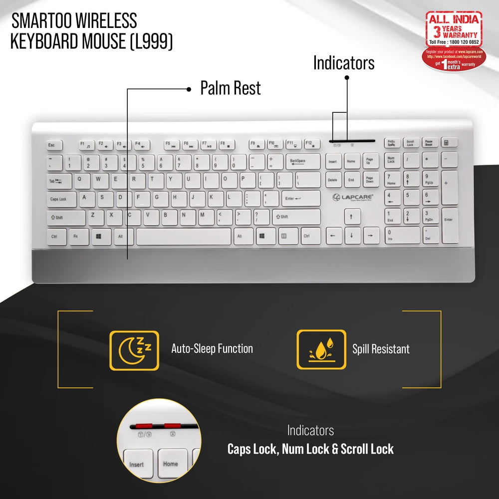 Smartoo White & Silver Wireless Multimedia Combo Keyboard + Mouse 1200dpi