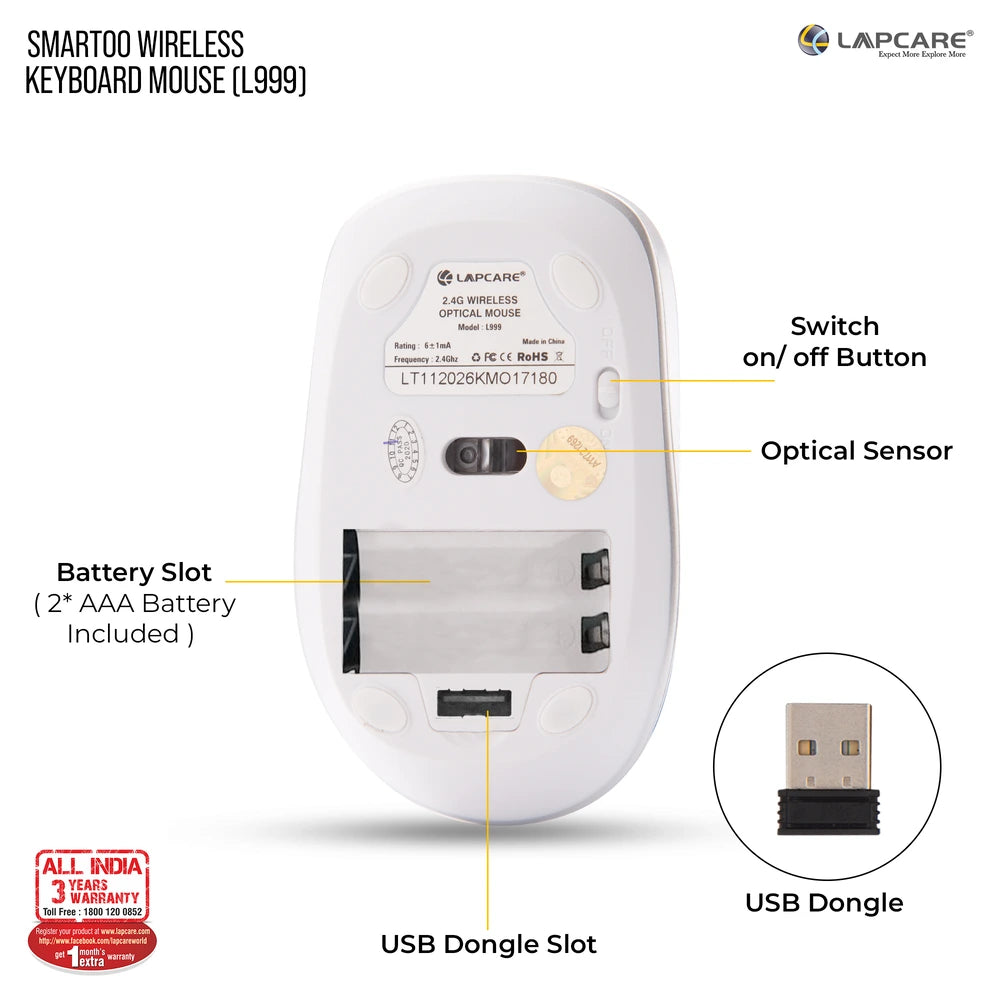 Smartoo White & Silver Wireless Multimedia Combo Keyboard + Mouse 1200dpi